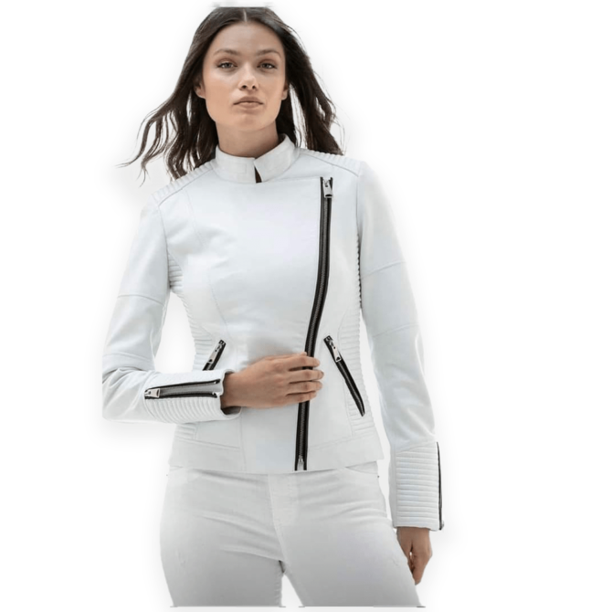 Women quilted leather jacket in white color