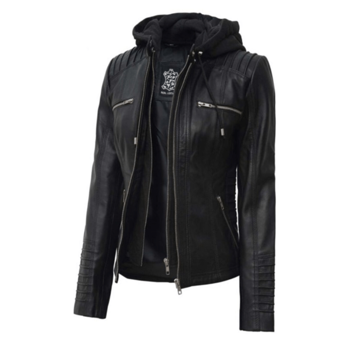 hooded leather jacket for women