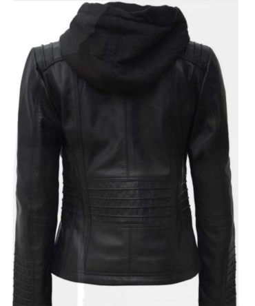 hooded black leather jacket for women