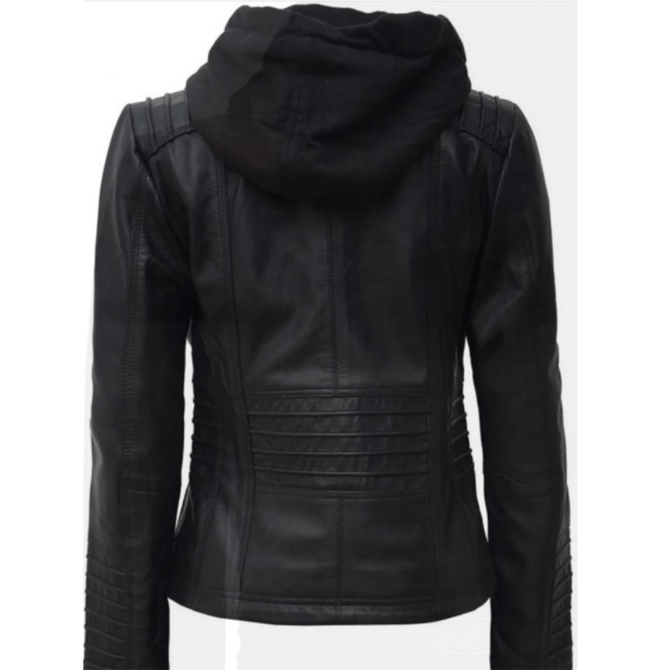 hooded black leather jacket for women