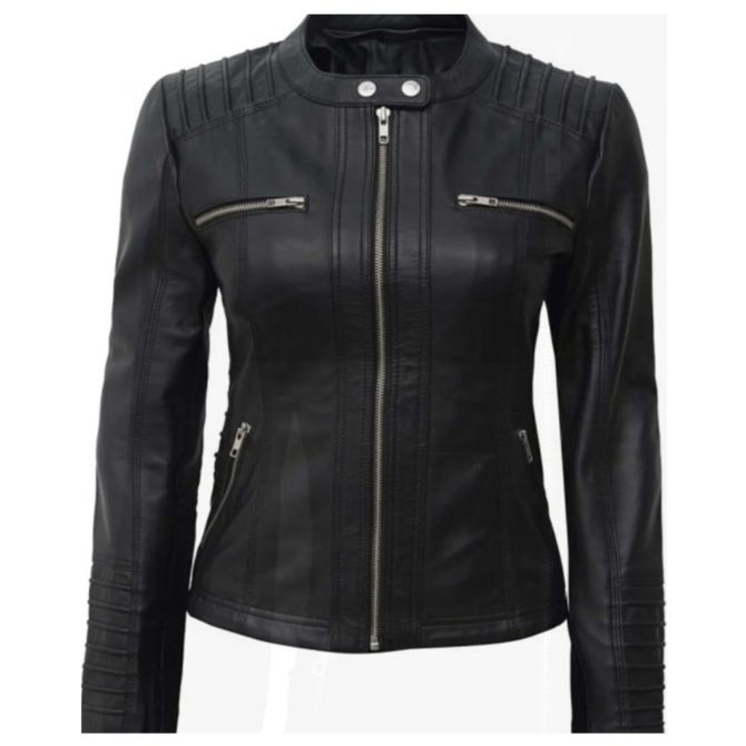 hooded black leather jacket for women