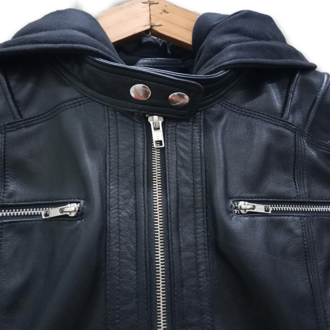 hooded black leather jacket for women