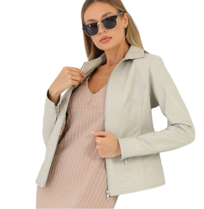 beige women leather jacket