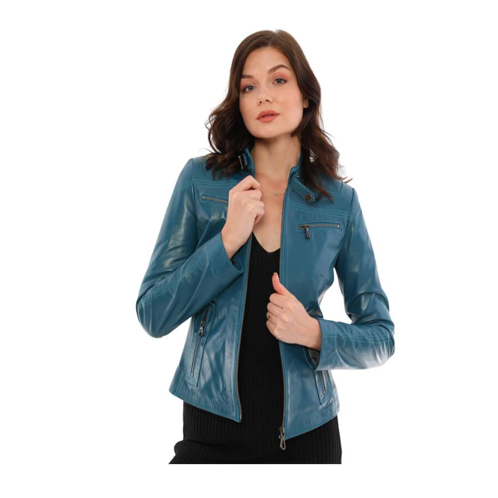 leather jacket for women mid blue