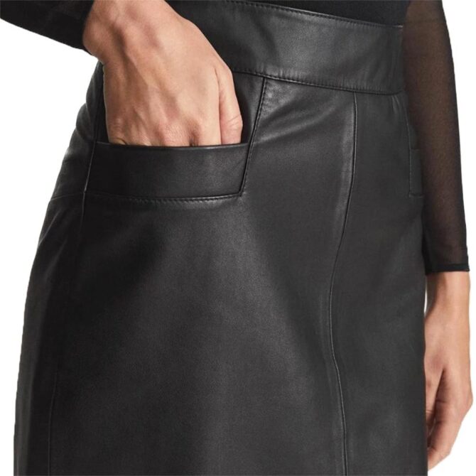 Julianne Women Black Leather Skirt with Side Pockets