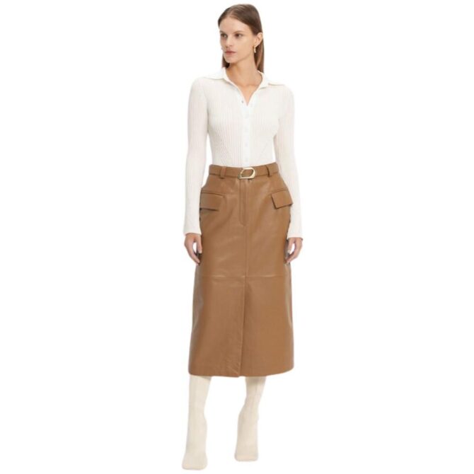 women leather skirt camel