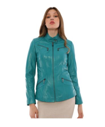 Women Leather Jacket in Turquoise