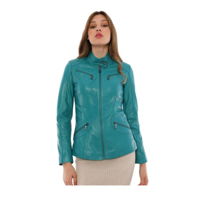 Women Leather Jacket in Turquoise