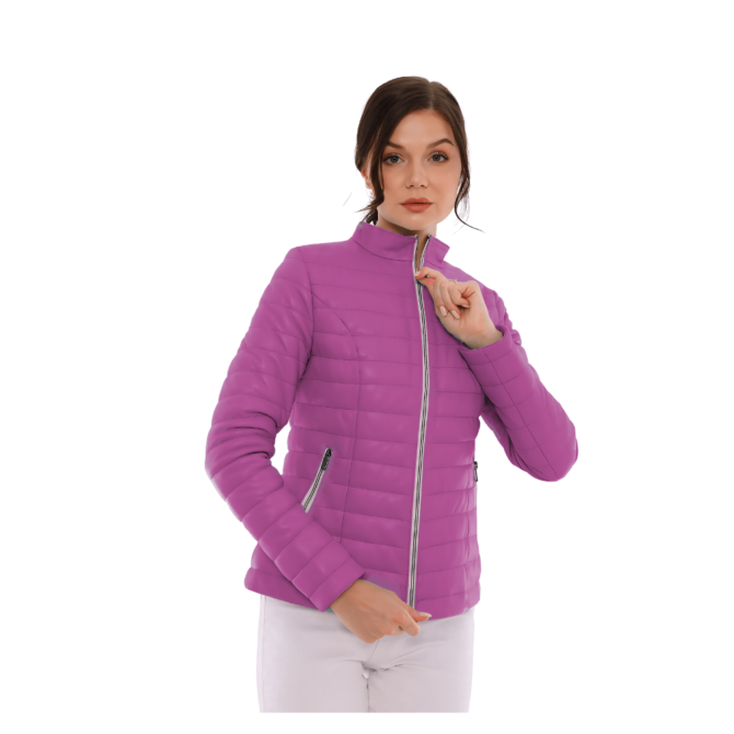 Women puffer leather jacket in pink